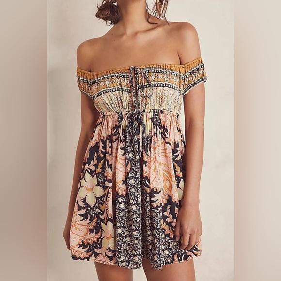 Free People Dresses & Skirts - Free People Off-Shoulder Floral Mini Dress - Yellow, Pink, Black
